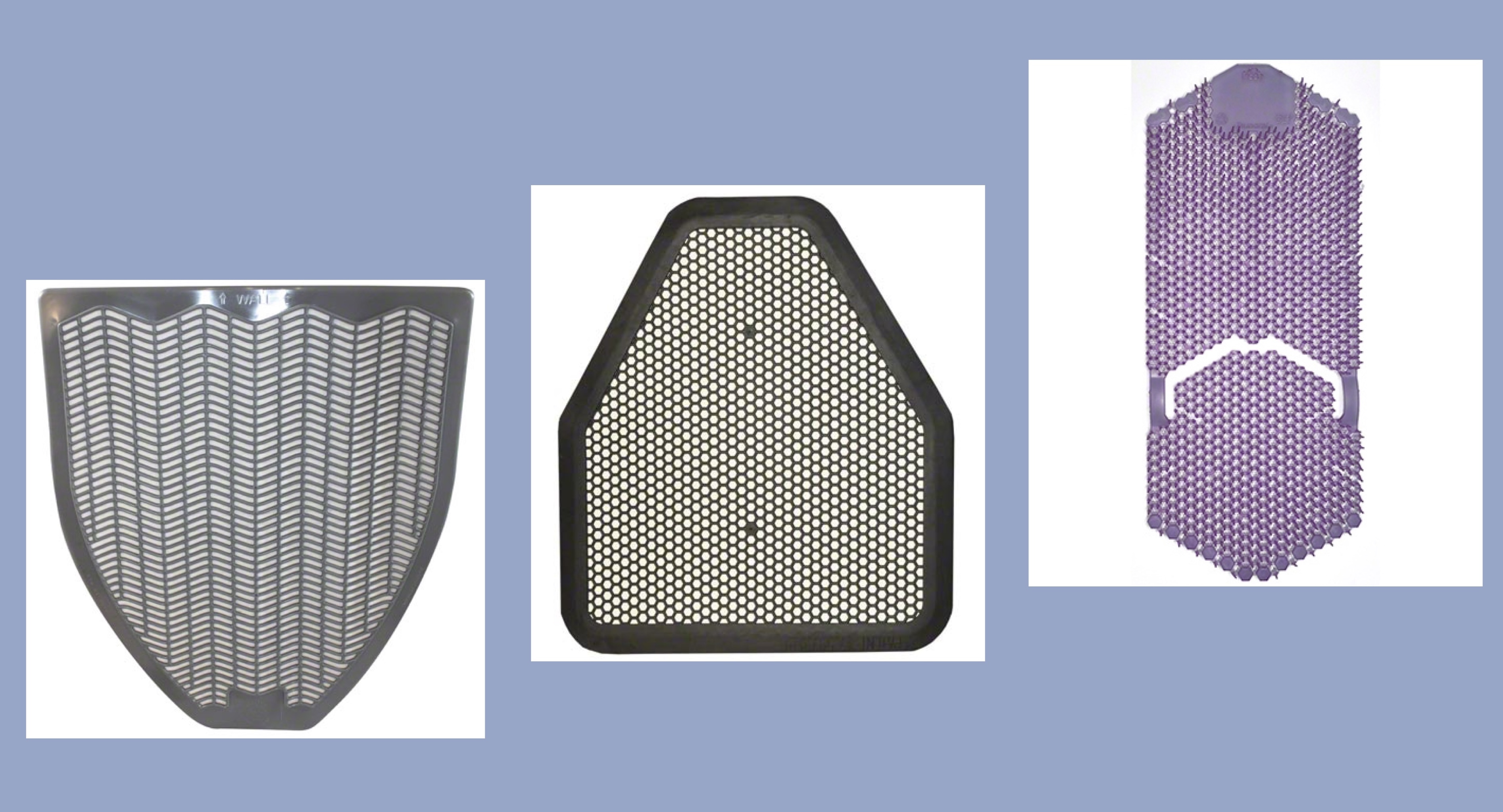 Urinal mats, splash guards, commode mats, floor mats